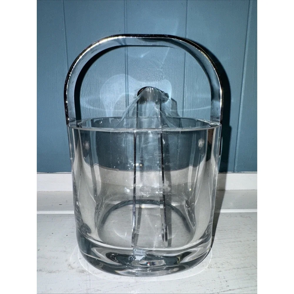 Orrefors Sweden Lead Crystal Ice Bucket Original Sticker Vtg 70s Tongs Drain Set